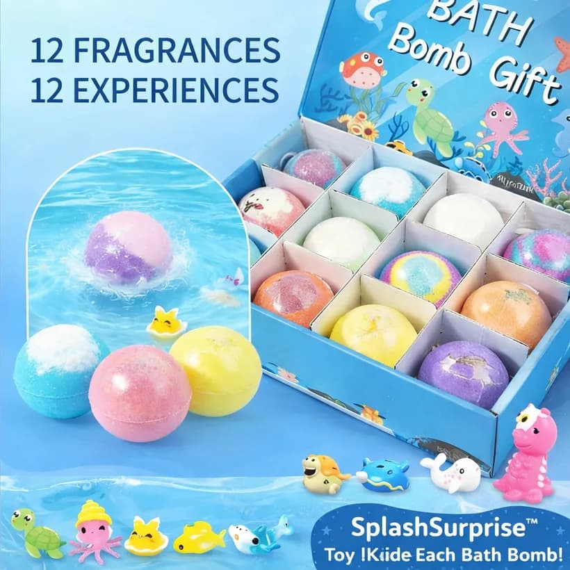 Pastel OceanPop surprise bath bombs lined up in front of their gift box